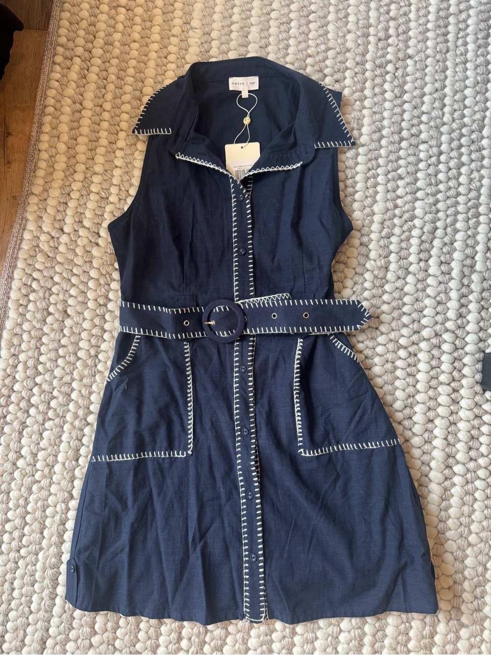 entro Navy Sleeveless Belted Shirt Dress with Contrast Stitching